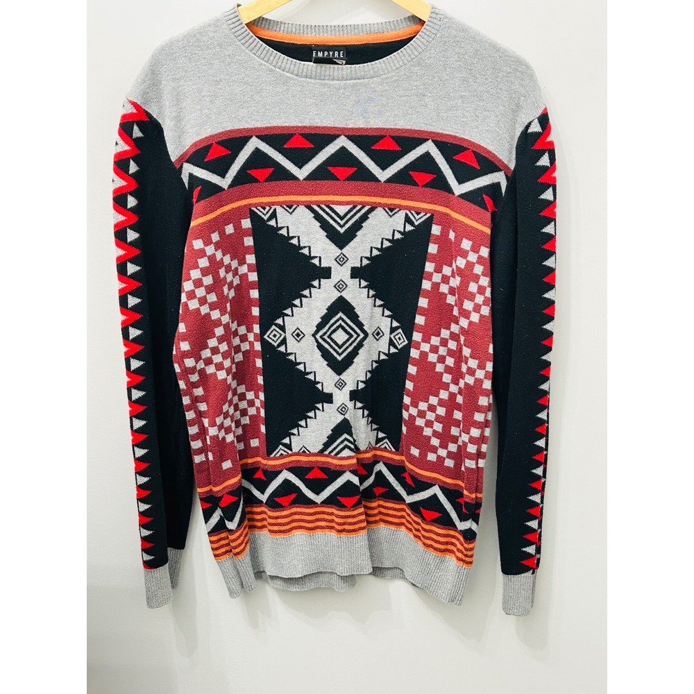 Empyre Southwestern Aztec Knit Sweater Gray Red Black Men's M Y2K